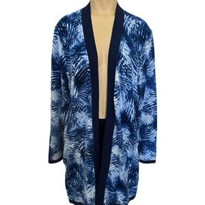 Lands' End Open Cardigan Sweater Women's Petite Large PL Blue White‎ Tie Dye New